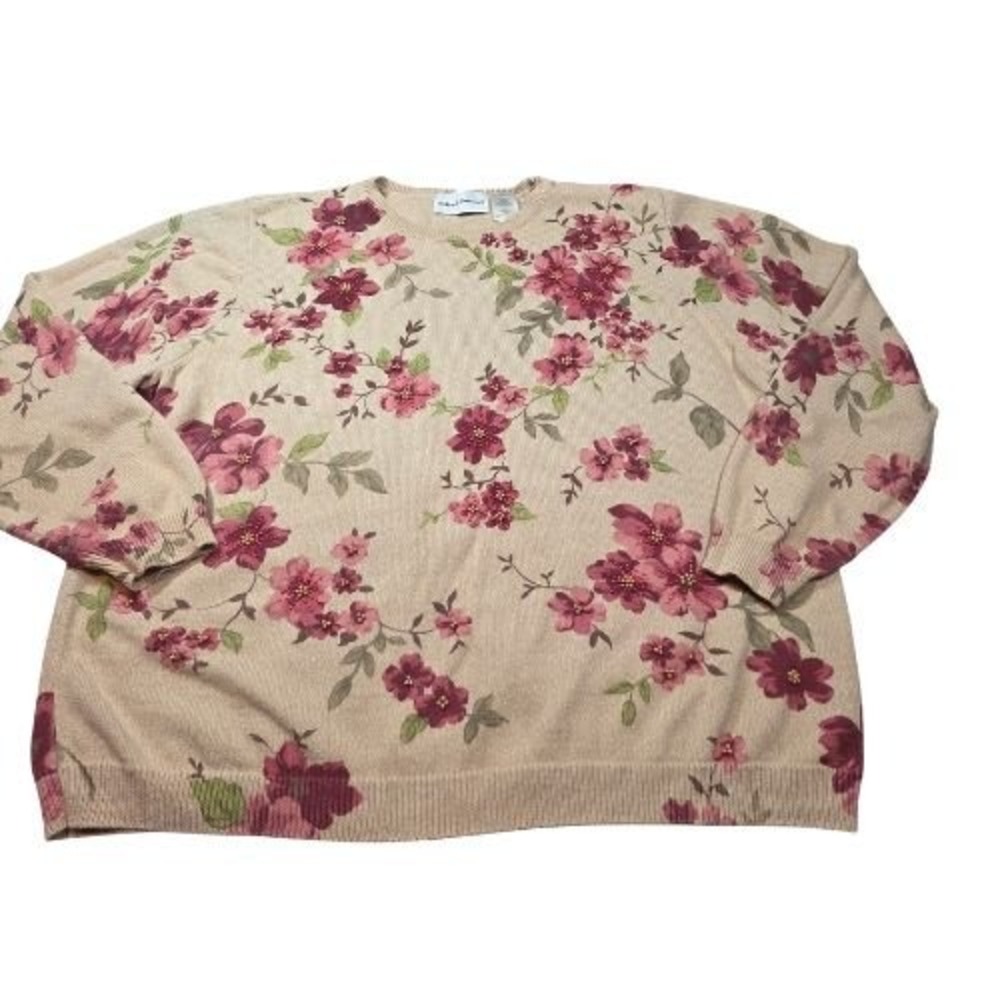 Alfred Dunner Womens XL Tan Burgundy Floral‎ Beaded Knit Pullover Sweater Office